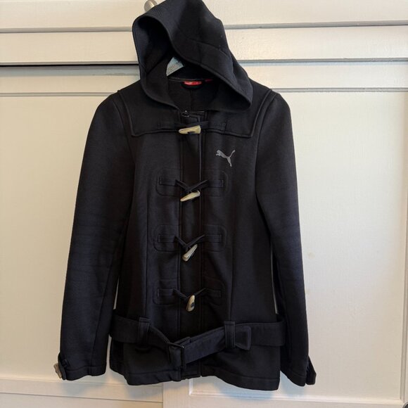 PUMA Black Jacket – Size Small Hooded Duffle Coat with Belt & Toggle Closure, - Picture 1 of 4